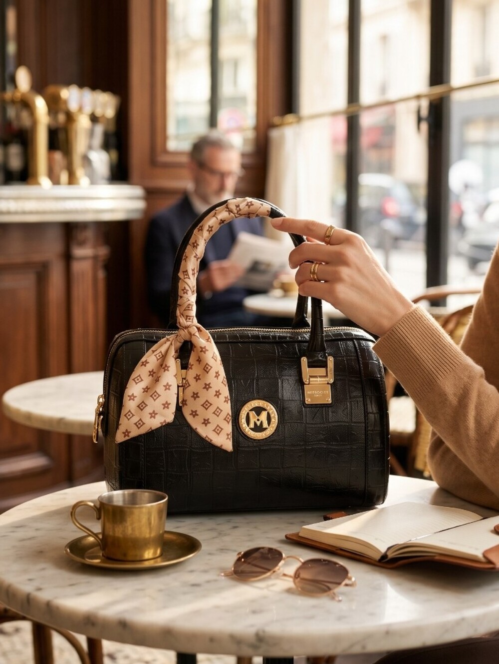 Metrocity Vintage Embossed Black Calf Skin Leather Boston Bag